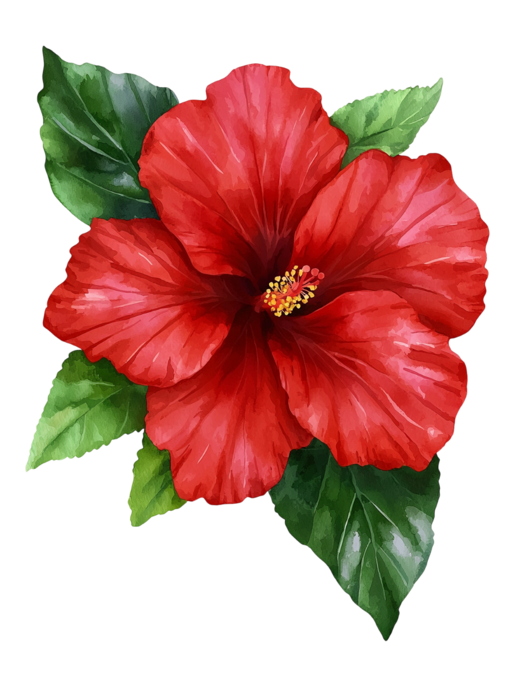 Vibrant Red Hibiscus Flower with Green Leaves in Watercolor Style png