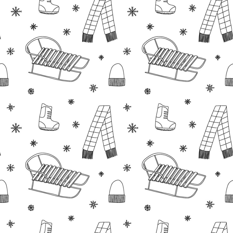 Hand drawn sled and winter clothes seamless pattern vector