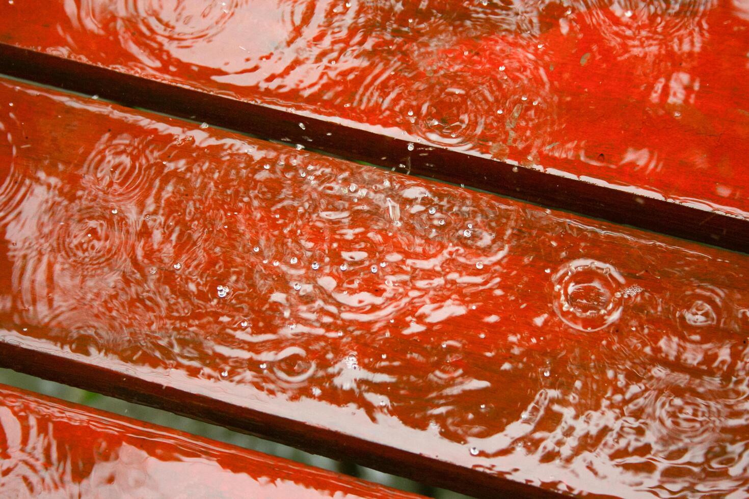 A close up of a red bench with water droplets photo