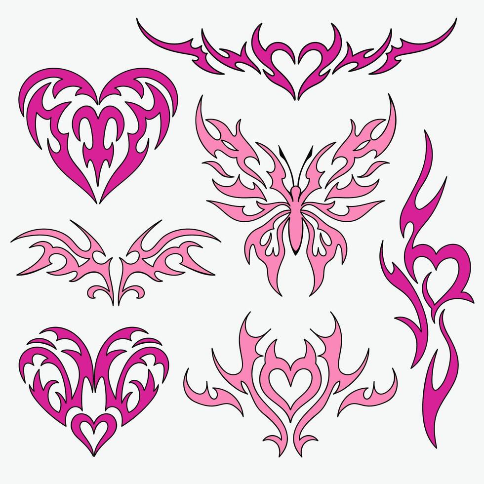 Set of female tattoos. Emo, goth, heart, 90's style. graphics vector