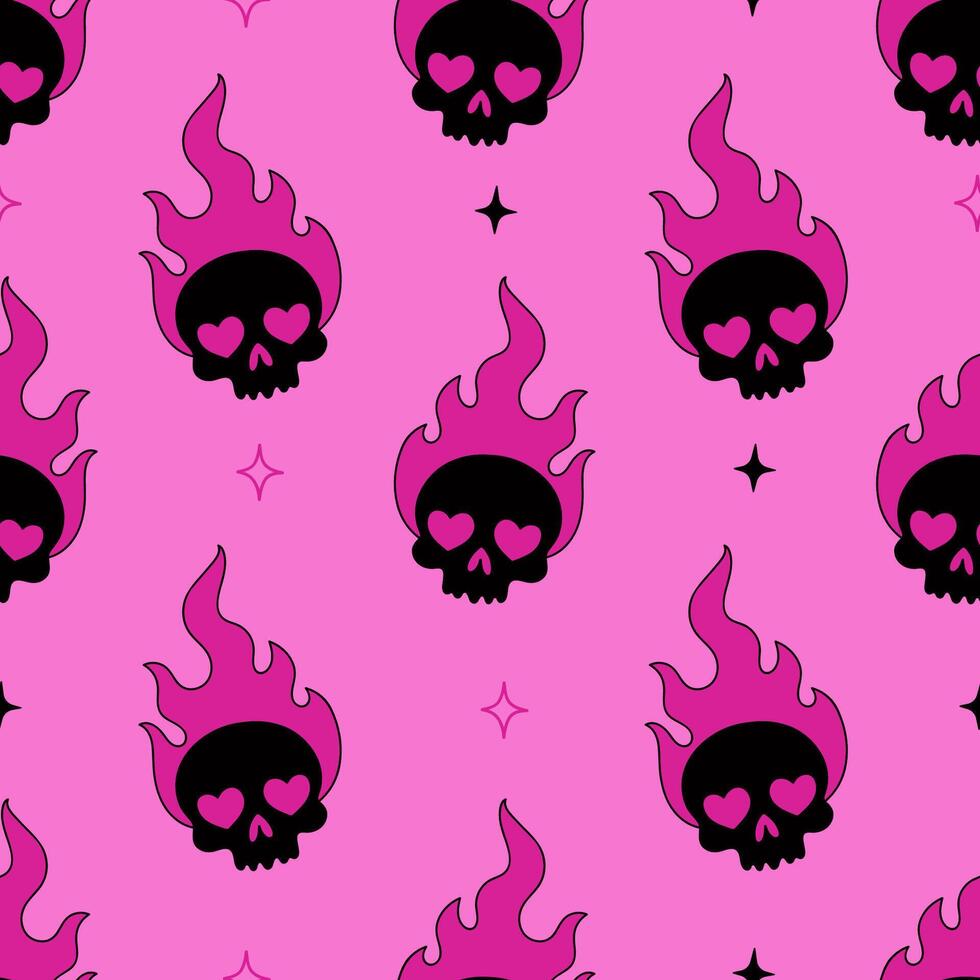 Seamless pattern with burning skulls on a pink background in goth emo style. graphics vector