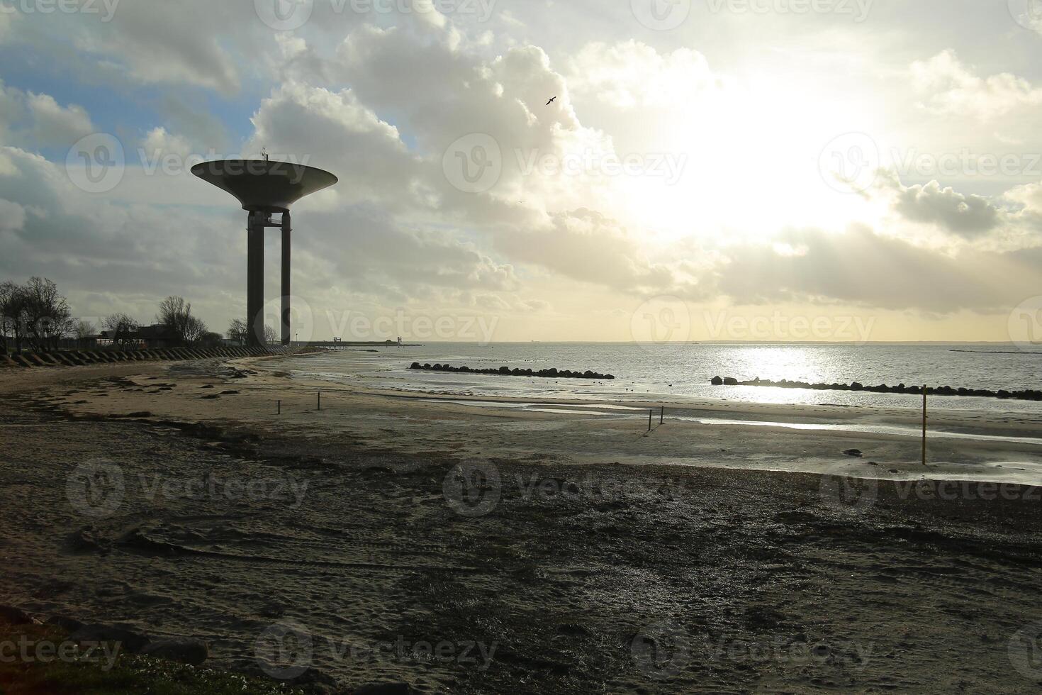 View on beach and new water tower in Landskron, Scania, Sweden photo