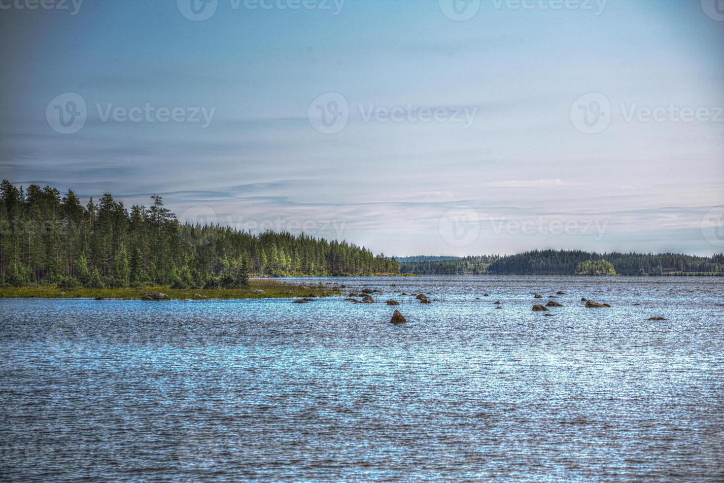 Rocks in shallow water at lake Vargforsdammen, a reservoir in the stream Skelleftealven in Northern Sweden photo