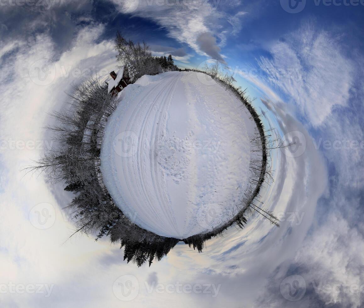 Little planet panorama of remote house in Swedish Lapland in winter photo