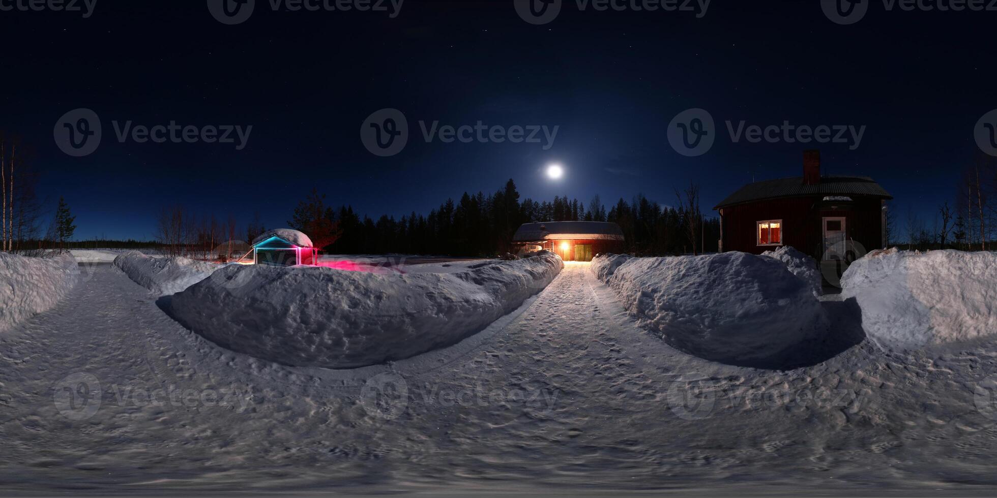 Equirectangular 360 degree panorama of small farm in winter in Lapland photo