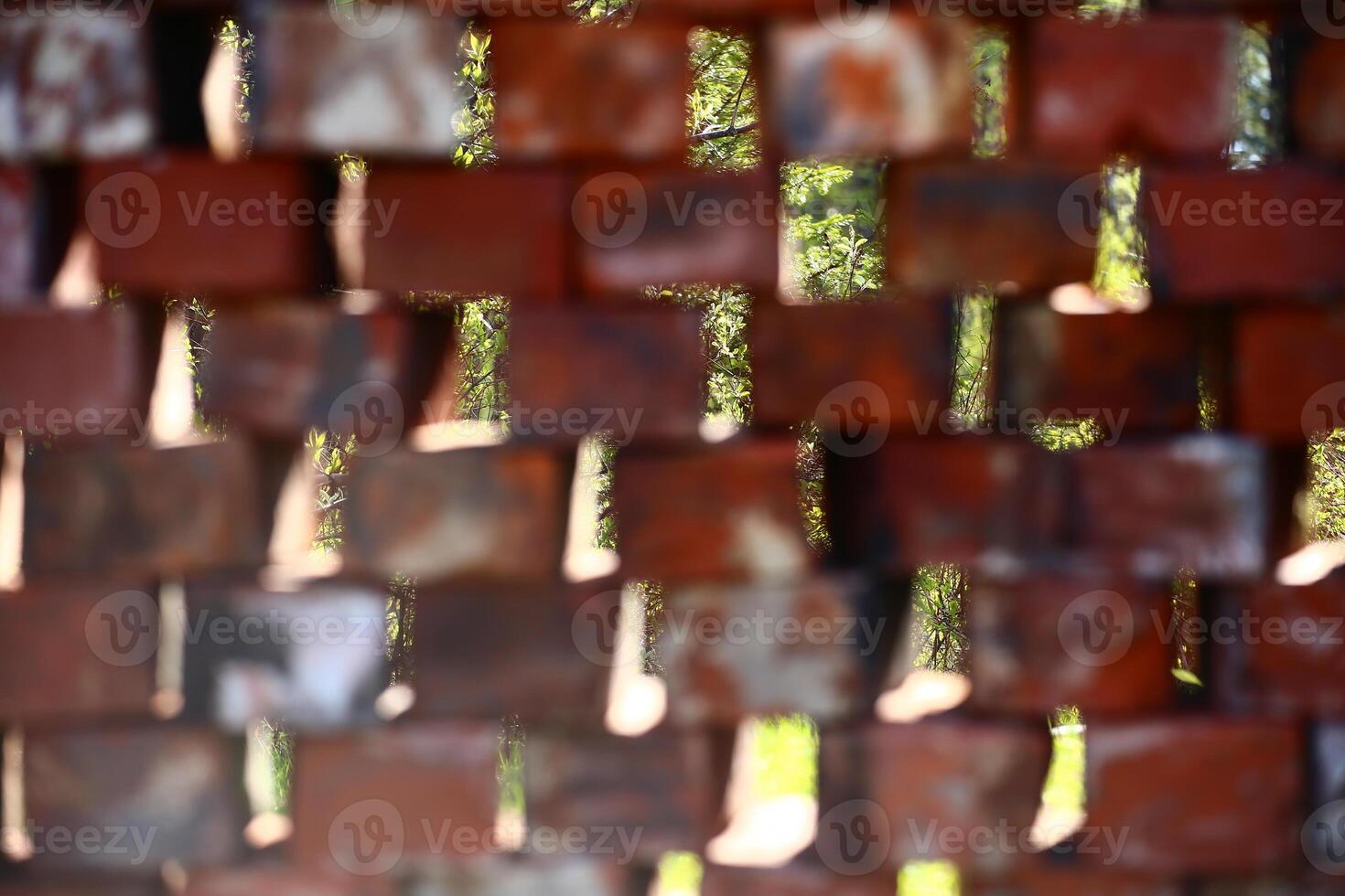 Stacked used bricks in front of a bush photo