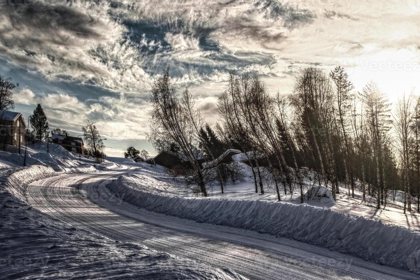 Distorted image of winter road in Swedish Lapland photo