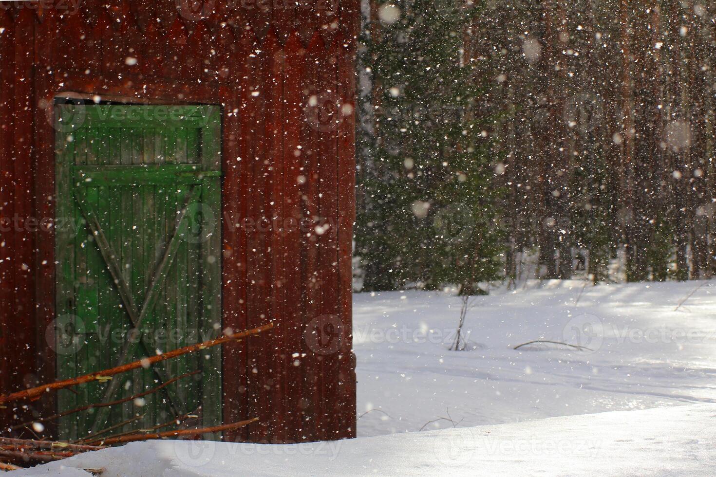 Heavy snow on sunny day in front of old Swedish barn photo