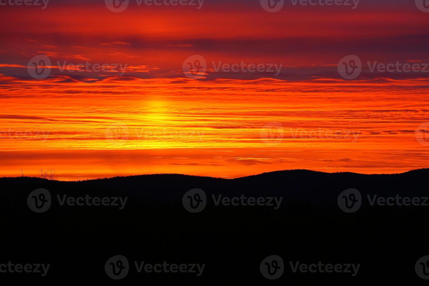 Layered cloudscape and dusk over mountain forest silhouette photo
