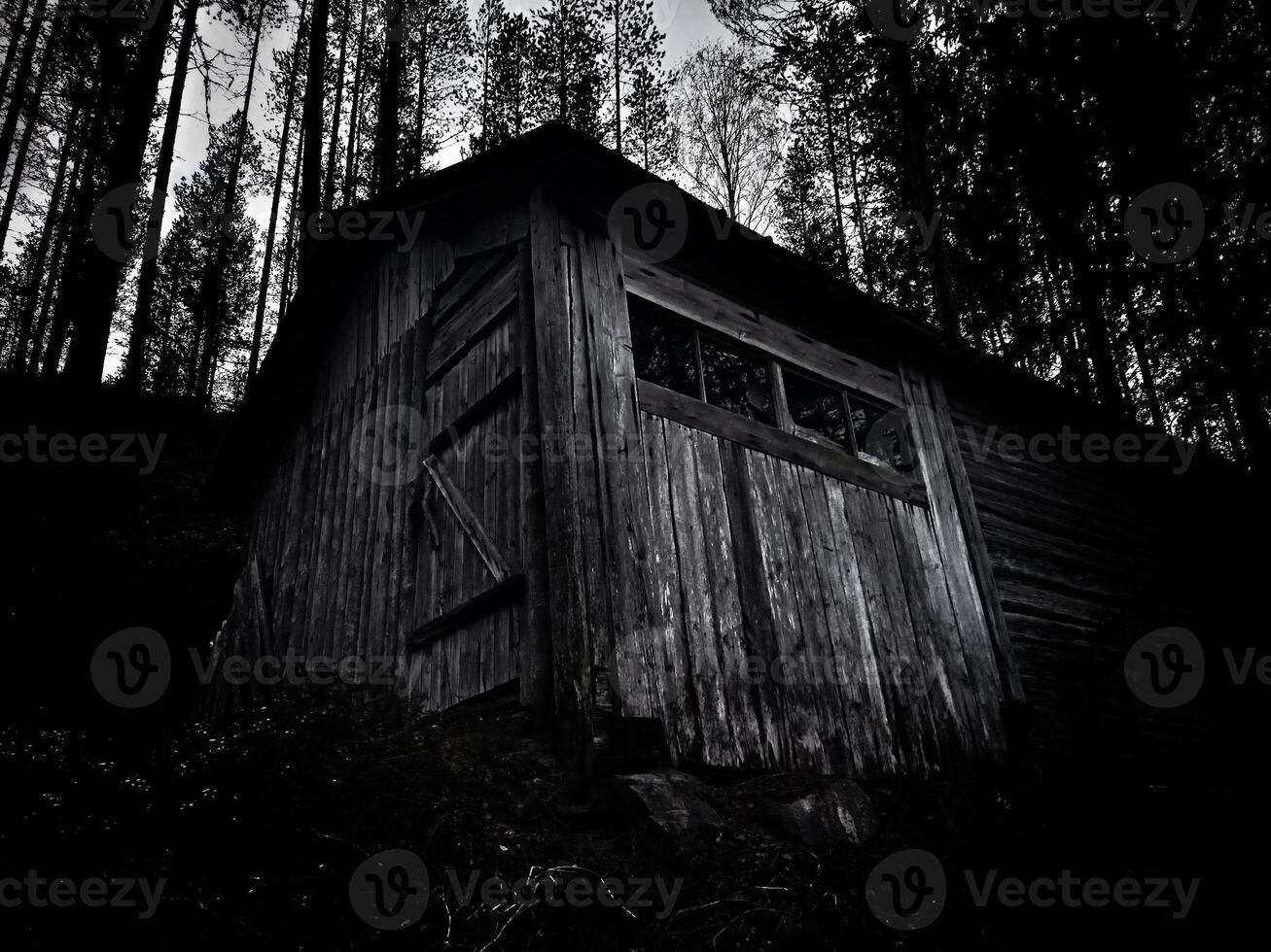 Dark high contrast shot of an old wooden shed photo