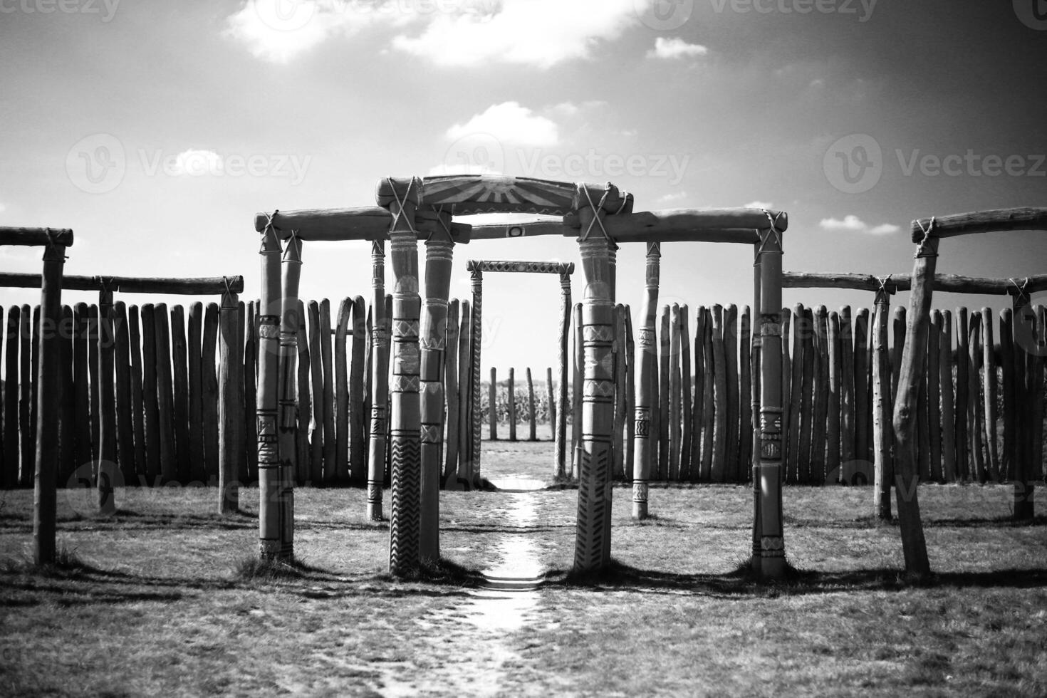 Black and white shot of wooden palisade at the ancient circular sacred site Ringheiligtum bei Pommelte photo