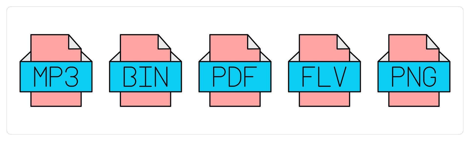 A set of files icons as mp3 file, bin file, pdf file vector