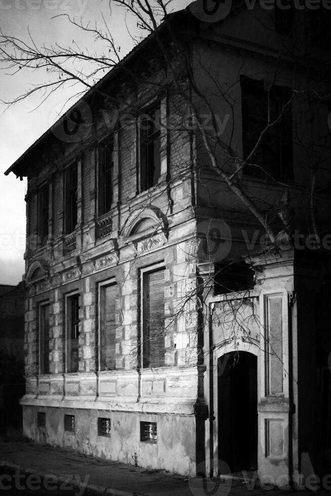 Abandoned renaissance building in Magdeburg, Germany, listed as monument. The black and white image was shot in the night, creating a unique lighting photo