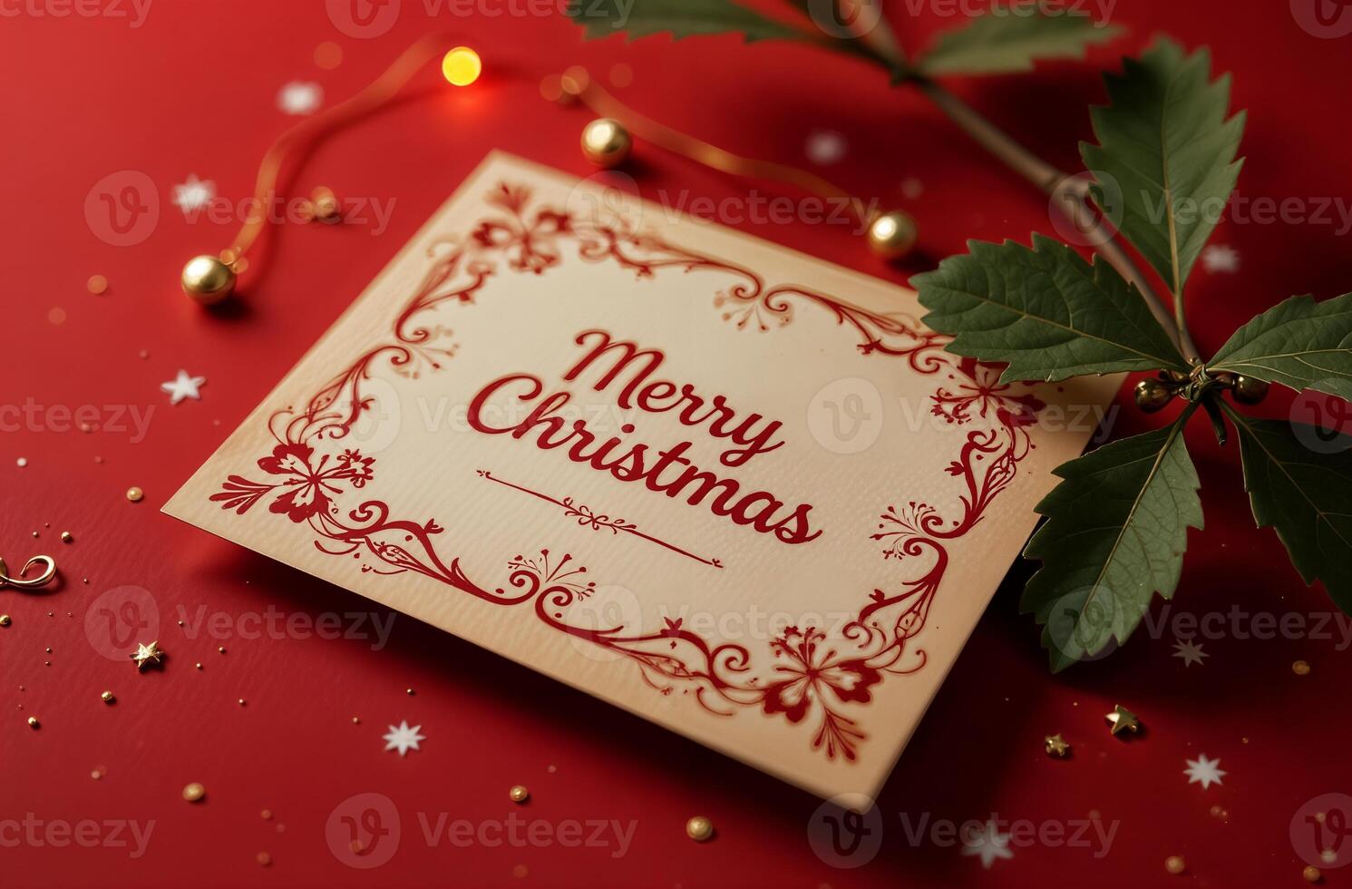 Merry Christmas Greeting Card on red sightly Background, New Year Greeting photo