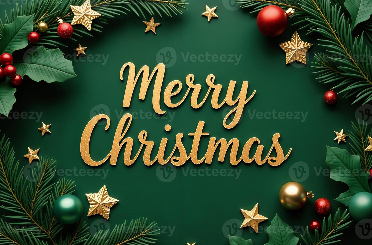 Merry Christmas Greeting Card sightly Green Background, New Year Greeting photo
