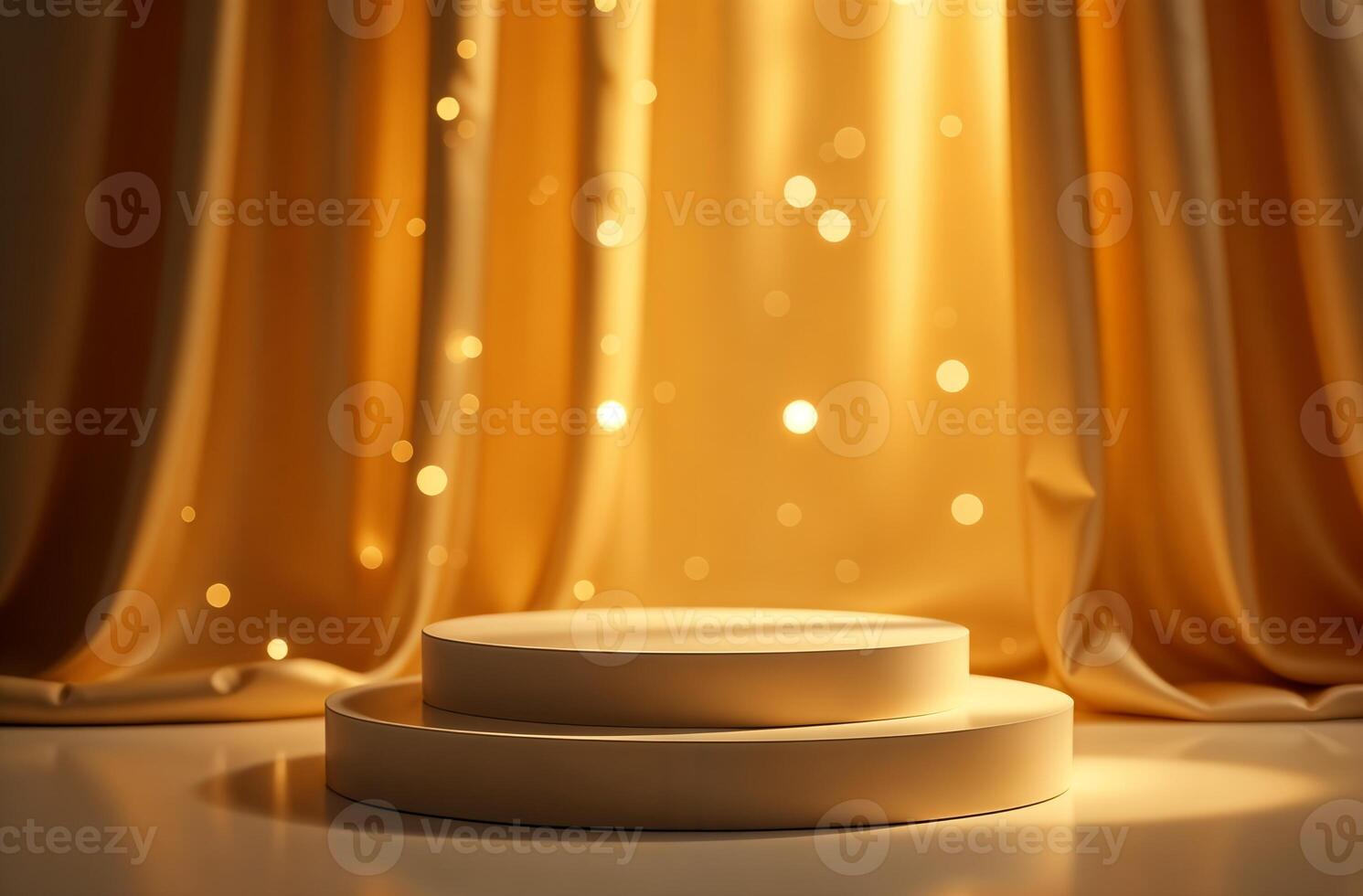 Product Presentation Podium sightly Background gold Drapery and Christmas Tree, New Year Stand, Space for Product photo