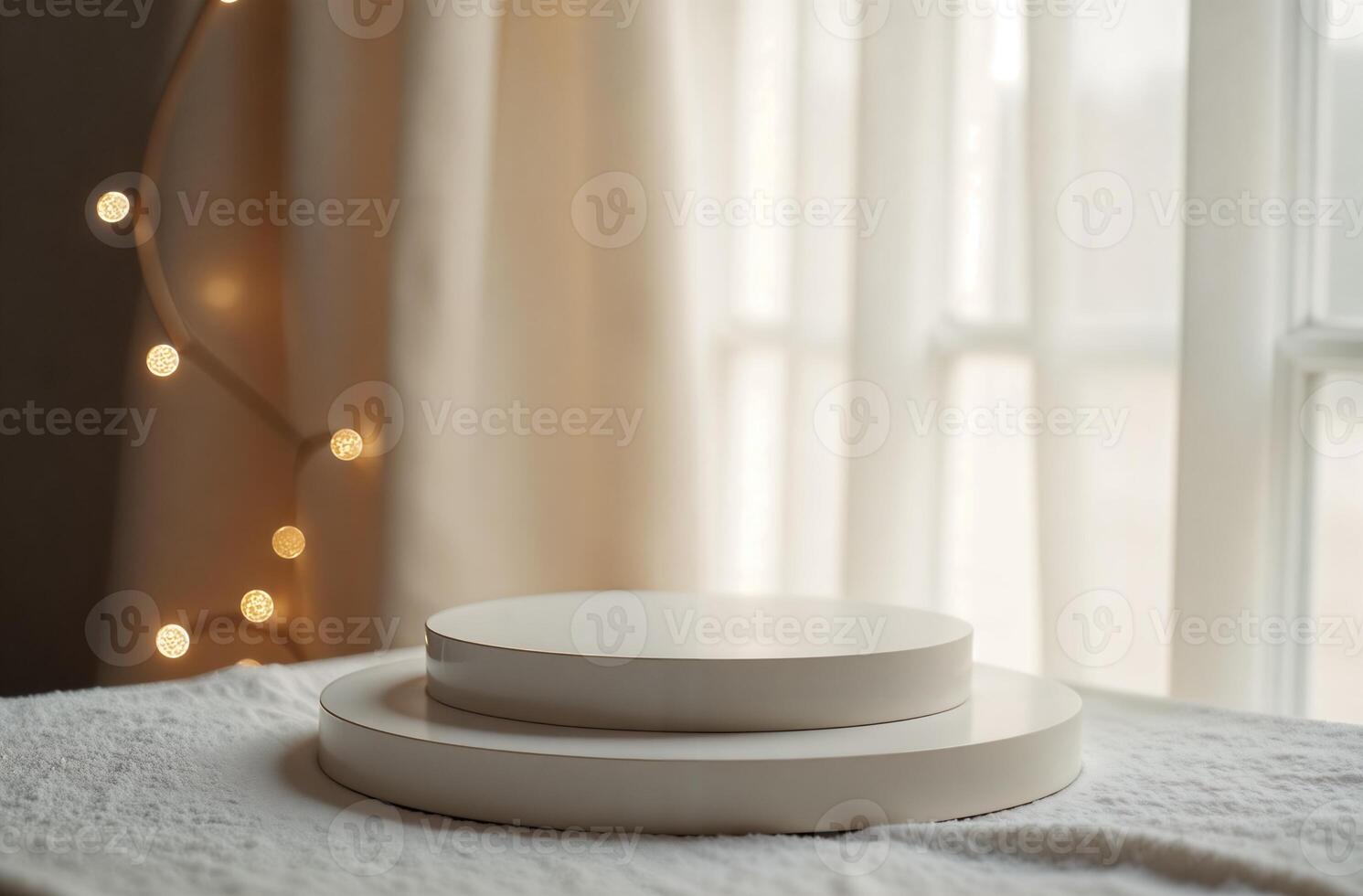 Product Presentation Podium Background window and Christmas Tree, New Year Stand, goodly Space for goods photo