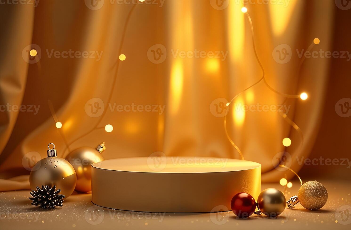 Product Presentation Podium Background gold Drapery and Christmas Tree goodly, New Year Stand, Space for Product photo