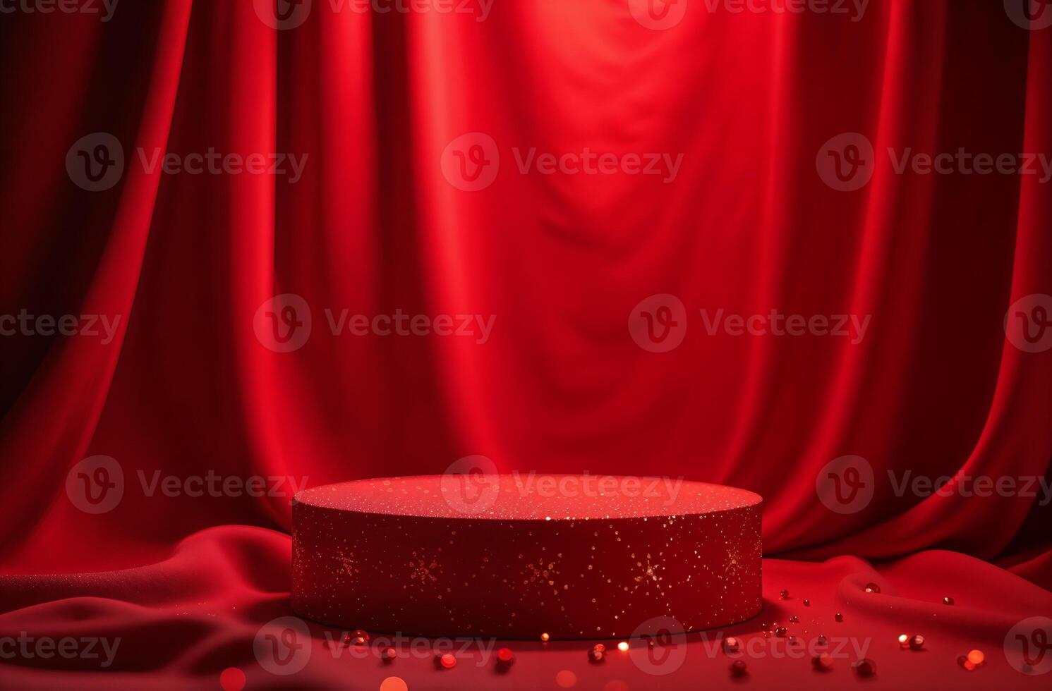 Product Presentation Podium Background red Drapery and Christmas Tree, New Year Stand goodly, Space for Product photo