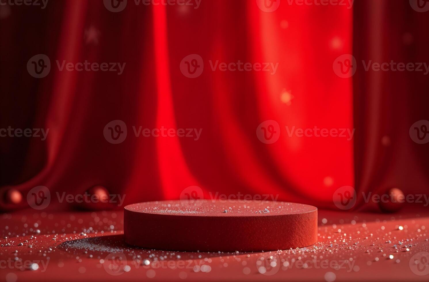 Product Presentation Podium Background goodly red Drapery and Christmas Tree, New Year Stand, Space for Product photo