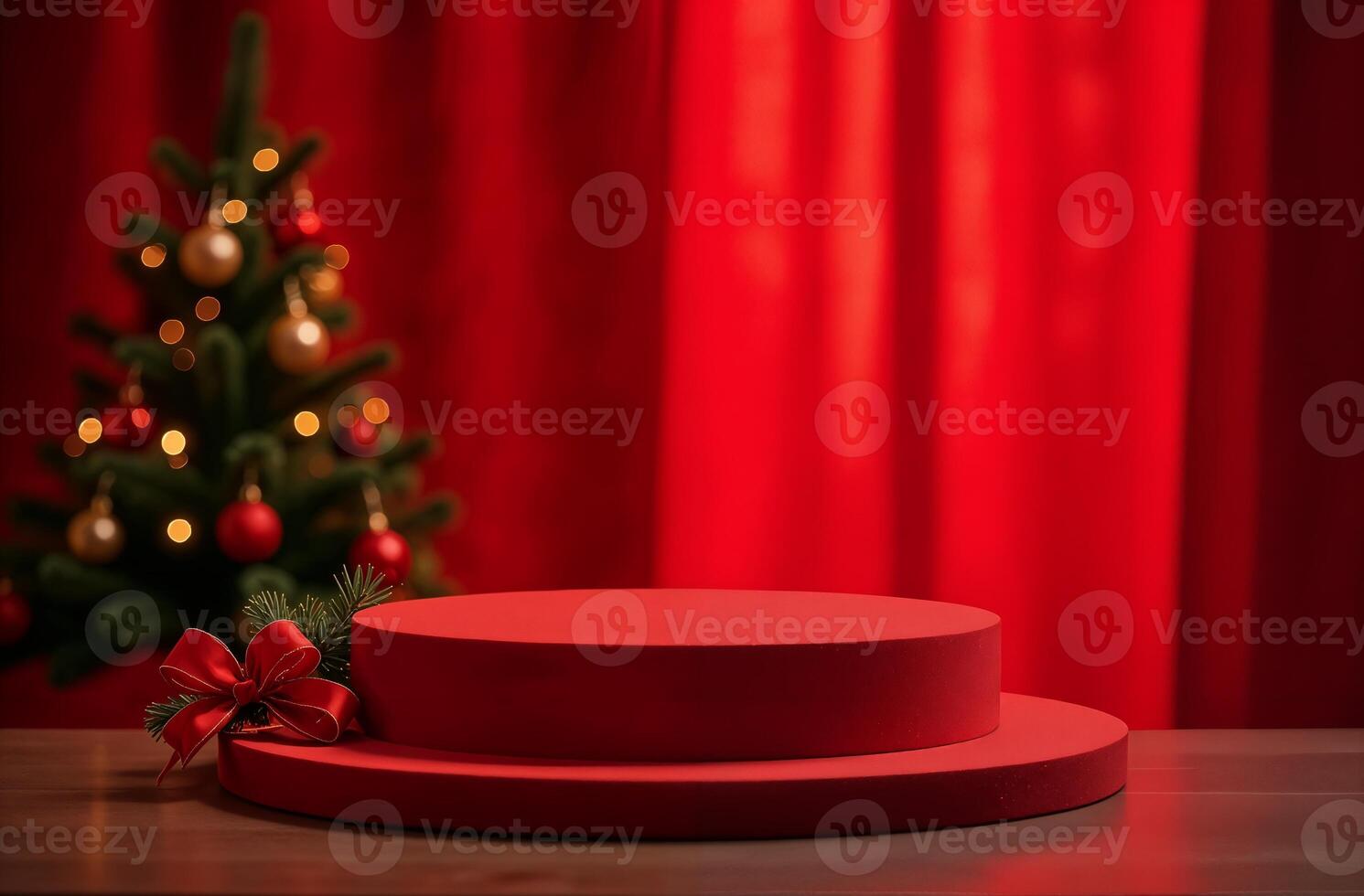 Product Presentation Podium Background red Drapery and Christmas Tree, New Year goodly Stand, Space for Product photo