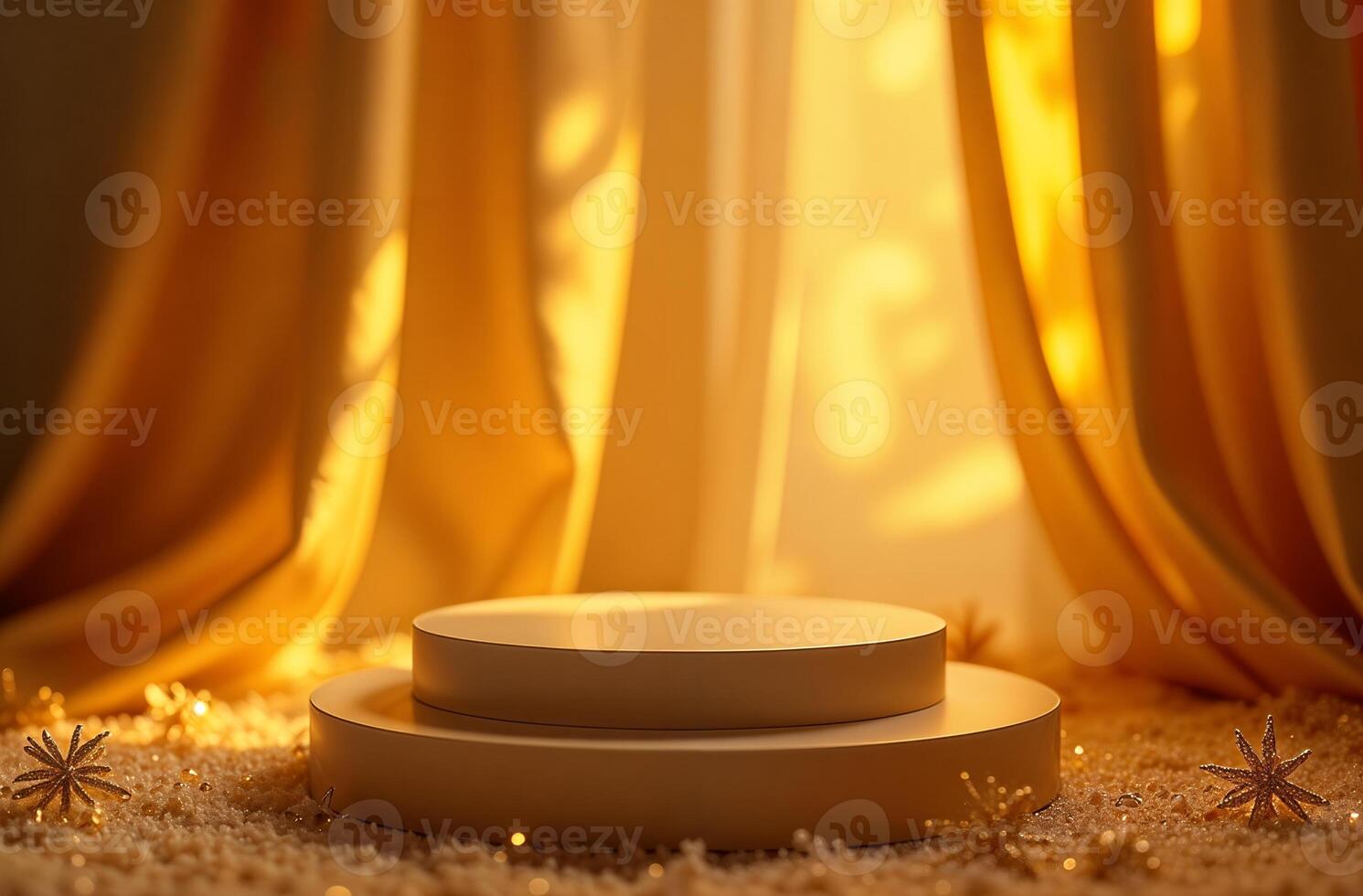 Product Presentation goodly Podium Background gold Drapery and Christmas Tree, New Year Stand, Space for Product photo