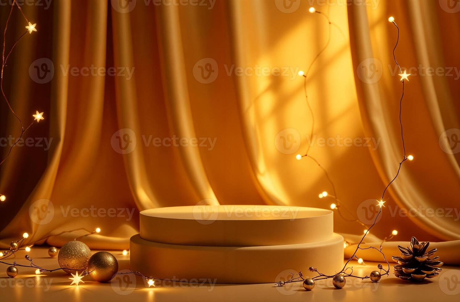 Product Presentation Podium Background Beautiful gold Drapery and Christmas Tree, New Year Stand, Space for Product photo