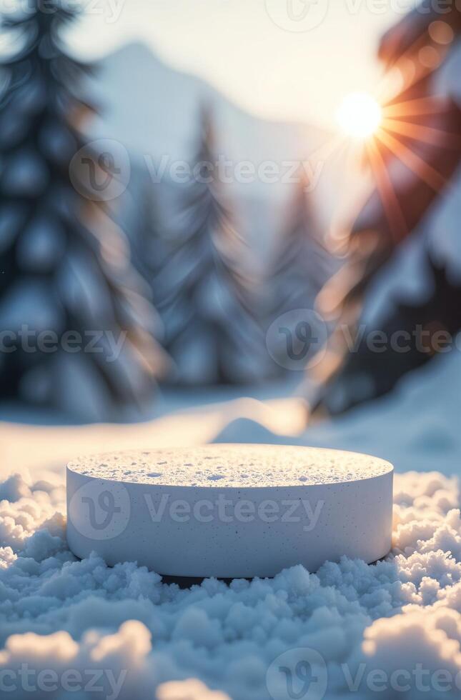 Product Presentation Podium Beautiful snow forest and Christmas Tree Background, New Year Stand, Space for Product photo