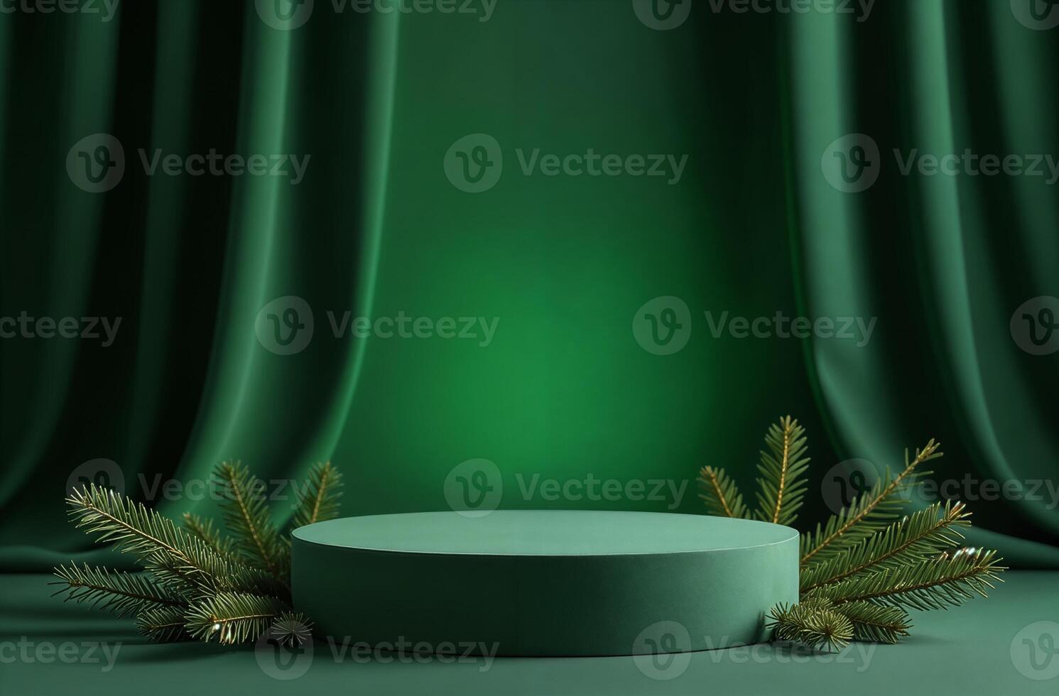 Product goodly Presentation Podium. Background Green Drapery and Christmas Tree, New Year Stand, Space for goods photo