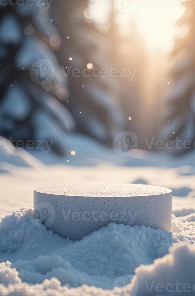 Product Presentation Podium snow Beautiful forest and Christmas Tree Background, New Year Stand, Space for Product photo