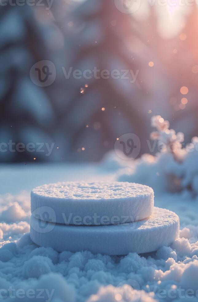 Product Presentation Beautiful Podium snow forest and Christmas Tree Background, New Year Stand, Space for Product photo