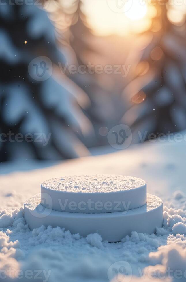 Beautiful Product Presentation Podium snow forest and Christmas Tree Background, New Year Stand, Space for Product photo