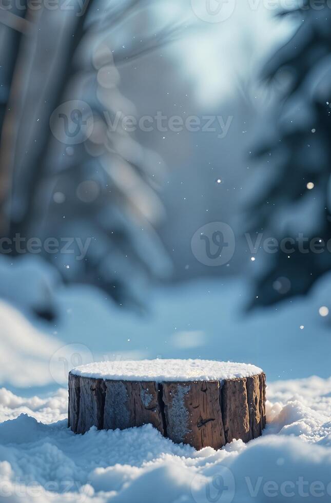 Product Beautiful Presentation Podium snow forest and Christmas Tree Background, New Year Stand, Space for Product photo