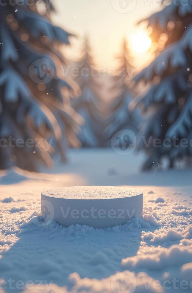 Product Presentation Podium snow forest and Christmas Tree Background, New Year Stand, Space for cosmetic Product photo