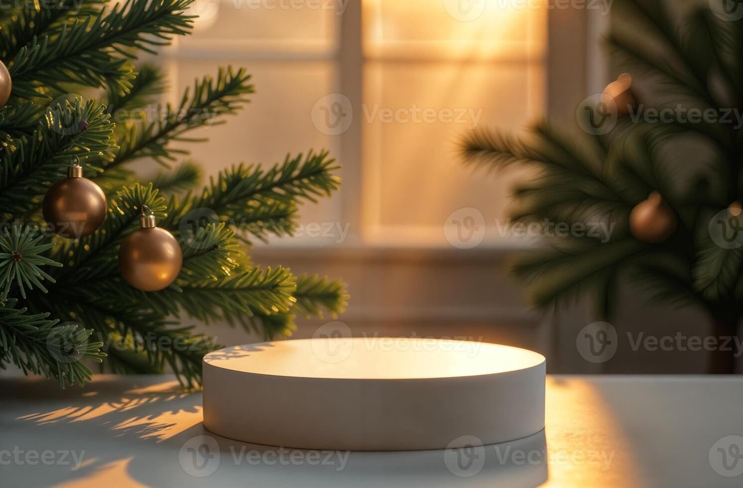 Product Presentation Podium Background cosmetic forest Christmas Tree, outside New Year Stand, Space for Product photo