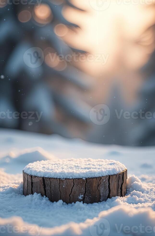 Product Presentation Podium snow forest and Christmas Tree Background, New Year Stand, Space for Product cosmetics photo