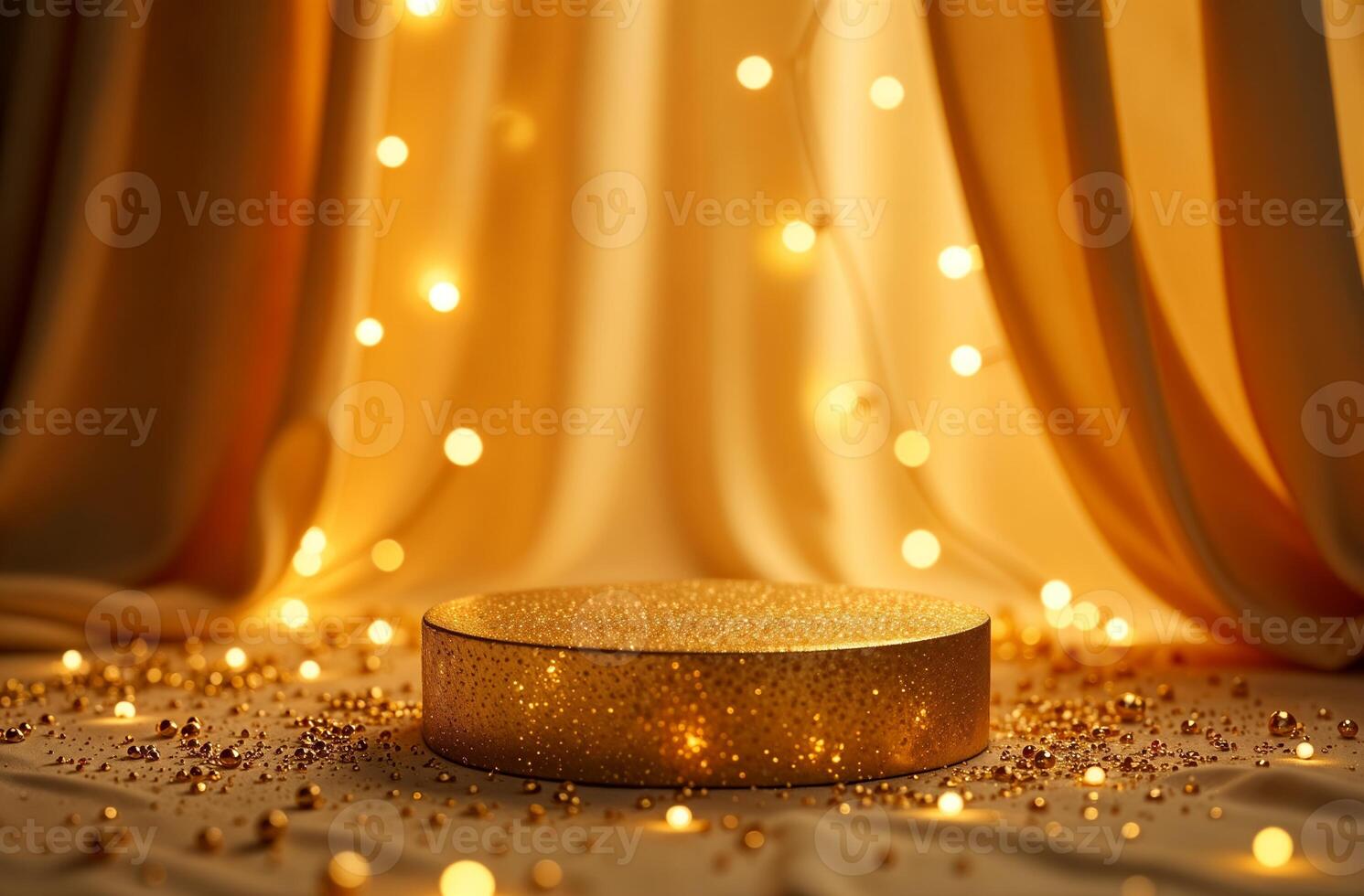 Product Presentation Podium Background gold Drapery and Christmas Tree, New Year Stand, Space cosmetics for Product photo