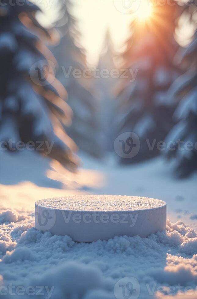 Product Presentation Podium snow forest and Christmas Tree Background, New Year Stand, cosmetics Space for Product photo