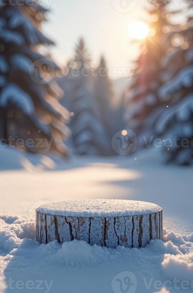 Product Presentation Podium cosmetics snow forest and Christmas Tree Background, New Year Stand, Space for Product photo