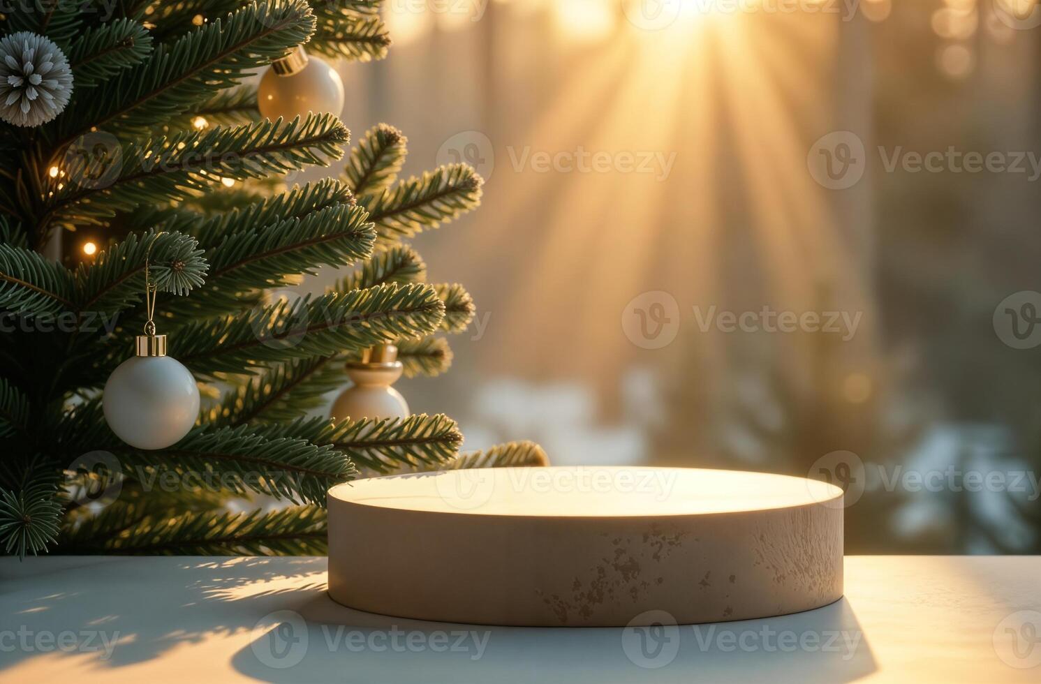 Product Presentation Podium Background forest Christmas Tree, outside New Year Stand, Space for nice Product photo