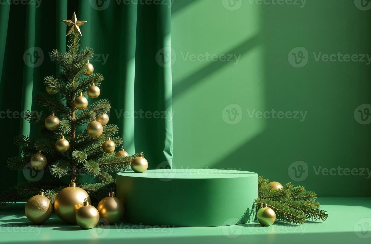Product Presentation Podium. Background Green Drapery and Christmas Tree, New Year nice Stand, Space for goods photo