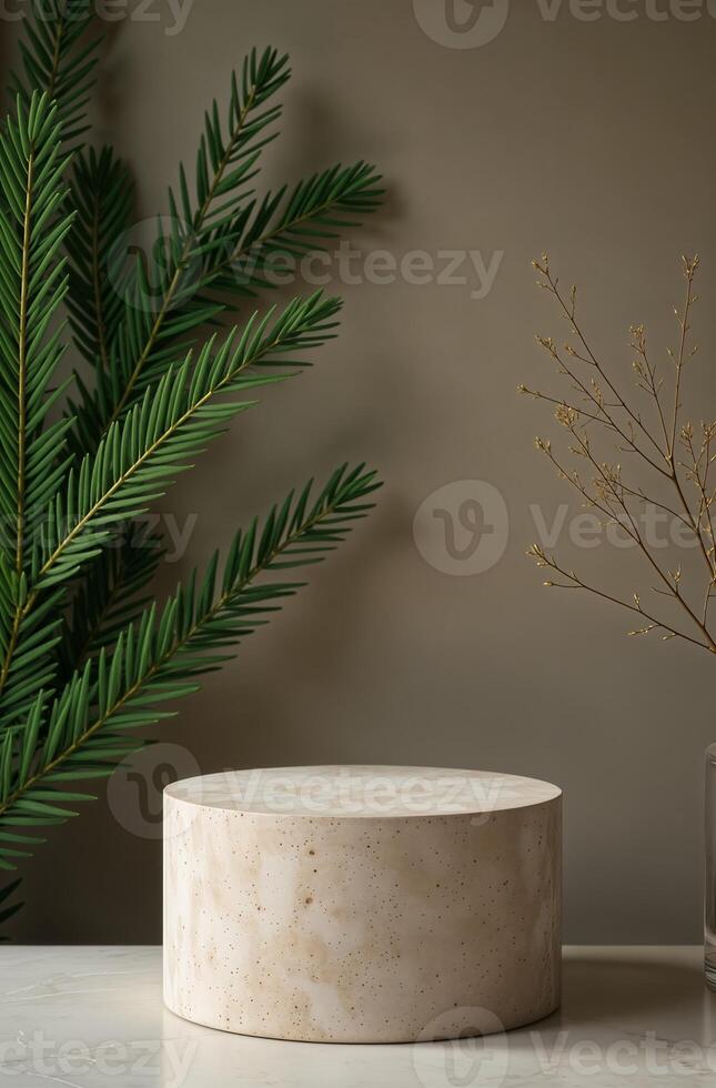 Product cosmetics Presentation Podium Background table and Christmas Tree, New Year Stand, Space for Product photo