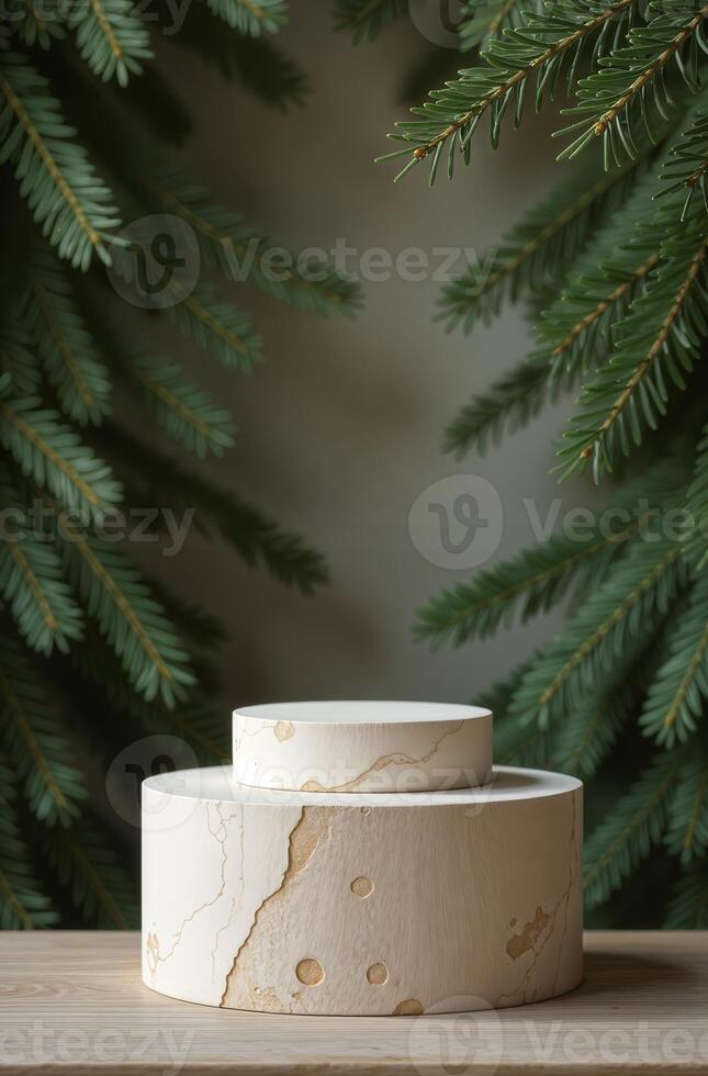Product Presentation Podium Background table and Christmas Tree, New Year Stand, Space nice for Product photo