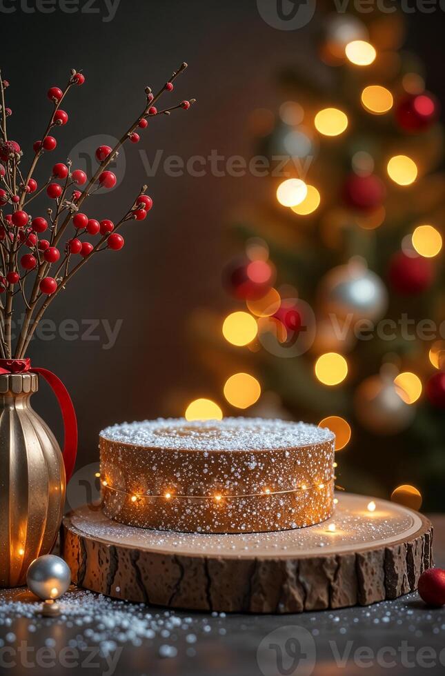 Product Presentation Podium nice Background table and Christmas Tree, New Year Stand, Space for Product photo