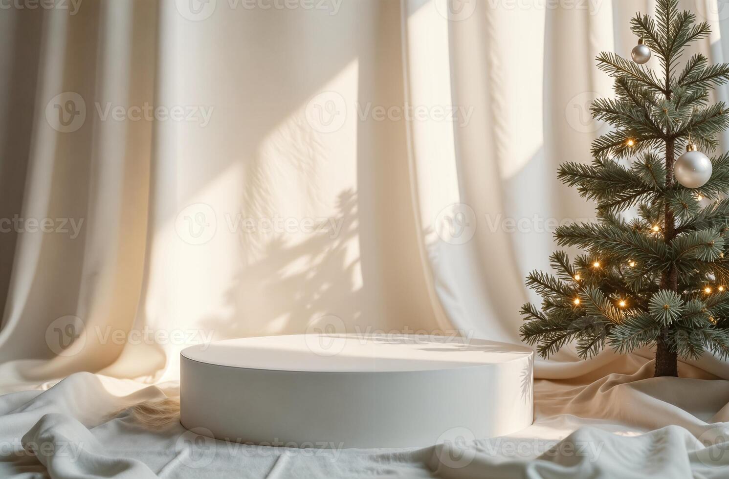 Product Presentation Podium Background window and Christmas Tree, nice New Year Stand, Space for goods photo