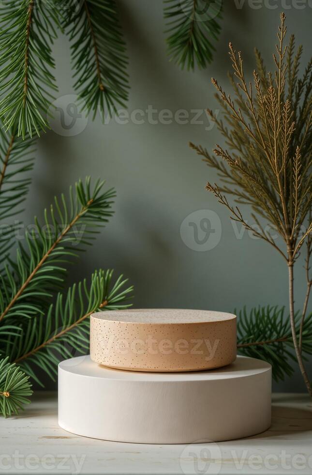 Product Presentation Podium Background nice table and Christmas Tree, New Year Stand, Space for Product photo