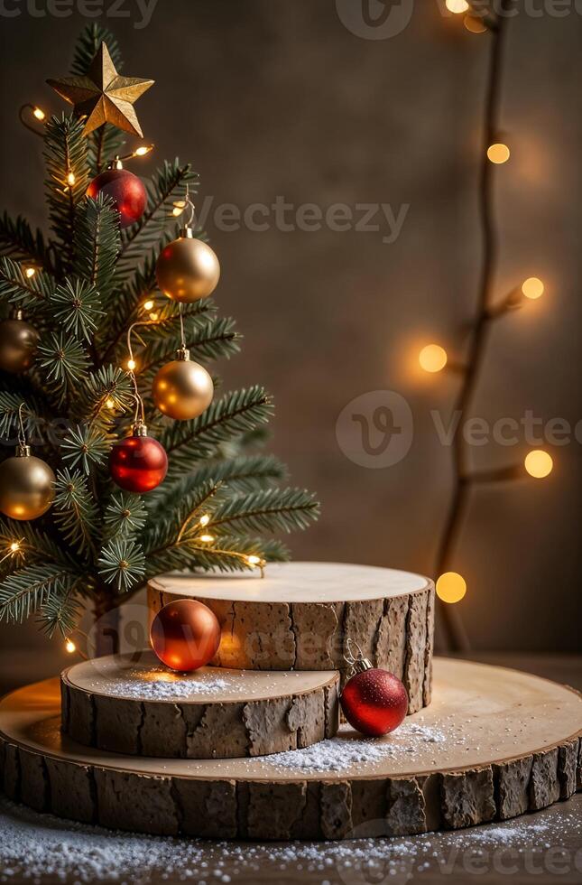 Product nice Presentation Podium Background table and Christmas Tree, New Year Stand, Space for Product photo