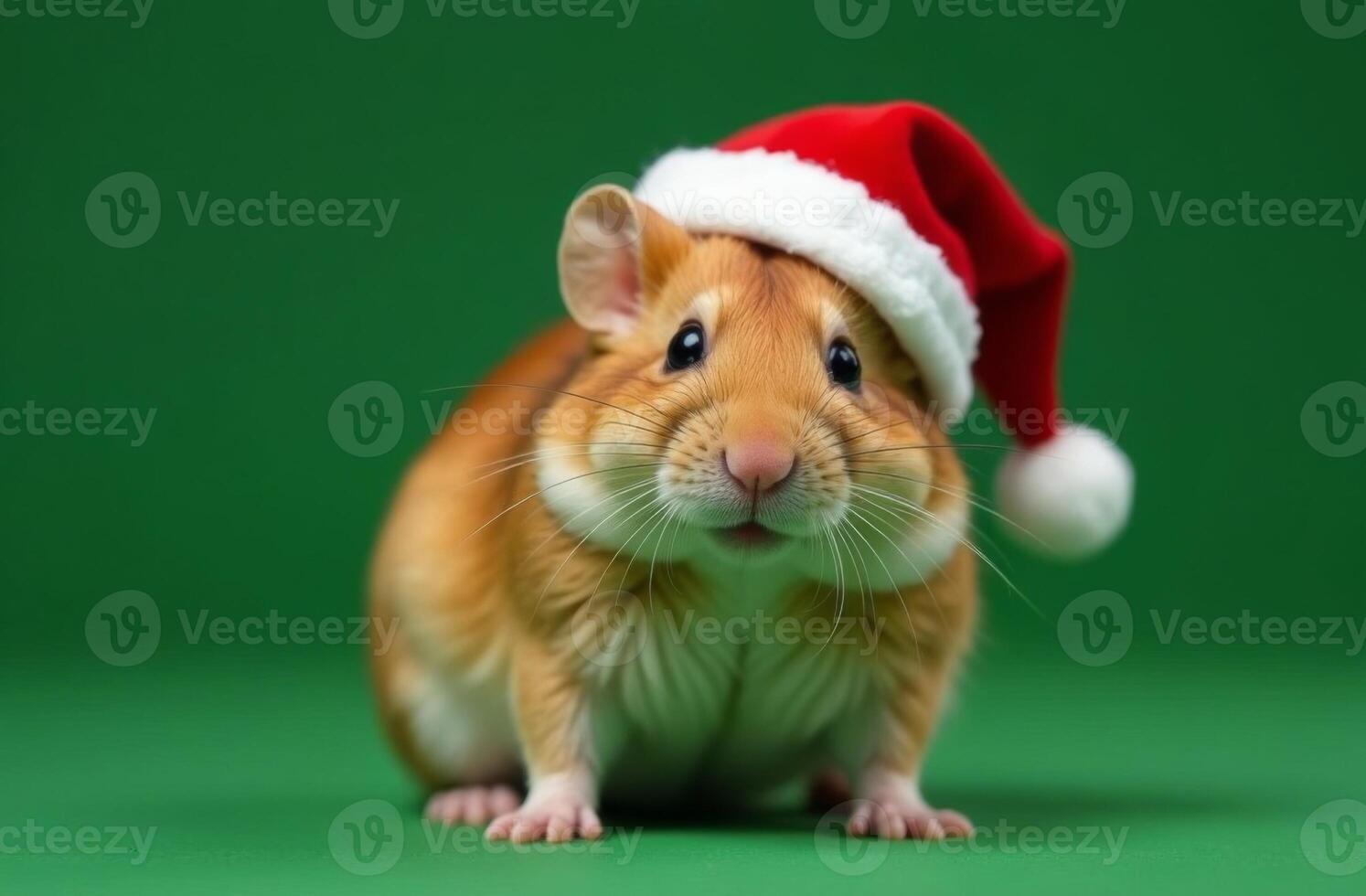 New Year Cute cavy Portrait in Santa Claus Hat on Green Background, Christmas Card with Place for text photo