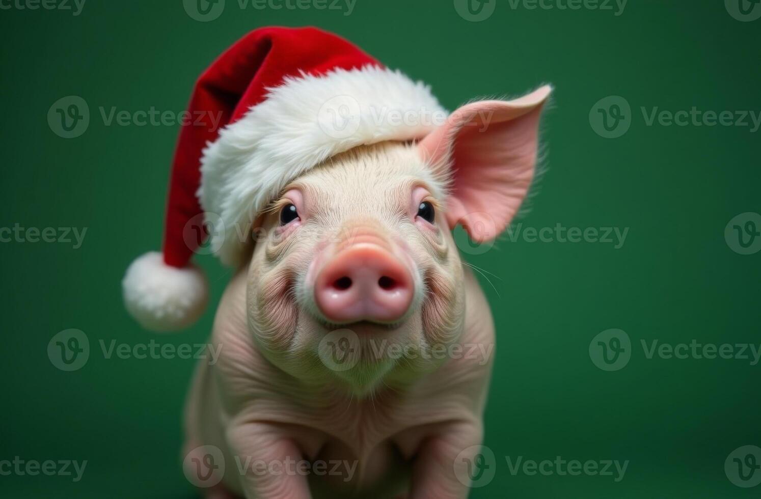 New Year Cute pig Portrait in Santa Claus Hat on Green Background, Christmas Card with Place for text photo