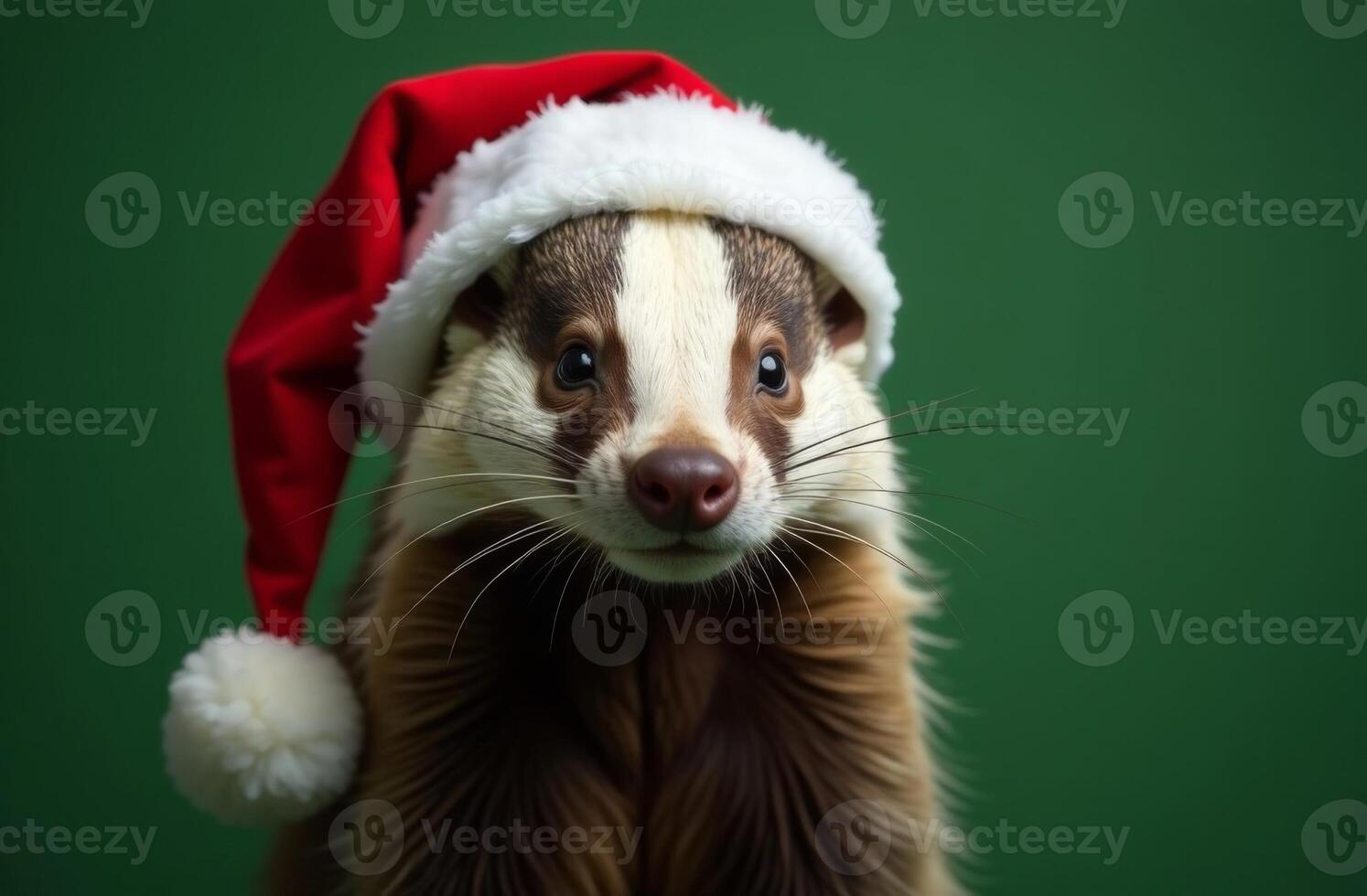 New Year brock Cute Portrait in Santa Claus Hat on Green Background, Christmas Card with Place for text photo